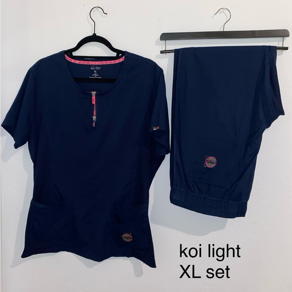 koi Navy Blue Scrub Top & Jogger Pants Set with Pink Accents